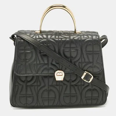 Aigner Black Leather Logo Embossed Genoveva M Top Handle Bag In Green