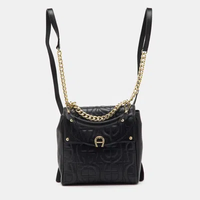 Aigner Black Logo Embroidered Leather Diadora Backpack