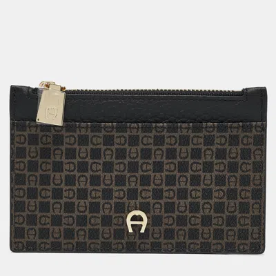 Pre-owned Aigner Black Monogram Coated Canvas And Leather Daniele Zip Card Holder