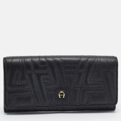 Pre-owned Aigner Black Monogram Embossed Leather Continental Wallet
