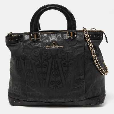 Pre-owned Aigner Black Printed Leather Studded Top Zip Tote