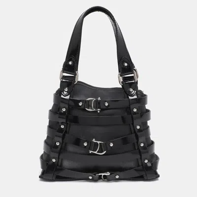 Pre-owned Aigner Black Satin And Leather Caged Tote