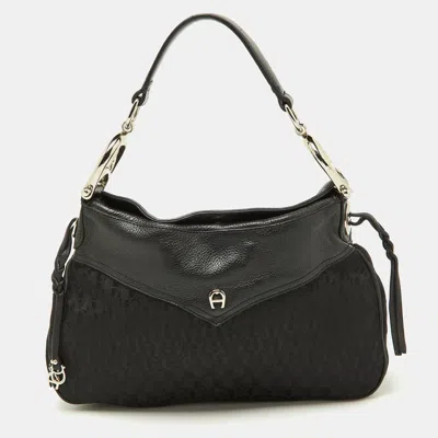 Pre-owned Aigner Black Signature Canvas And Leather Hobo
