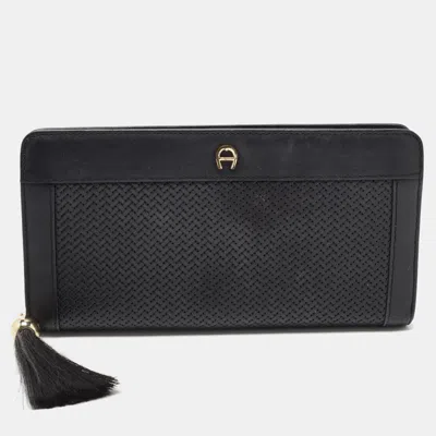 Pre-owned Aigner Black Woven Leather Cavallina Zip Around Continental Wallet