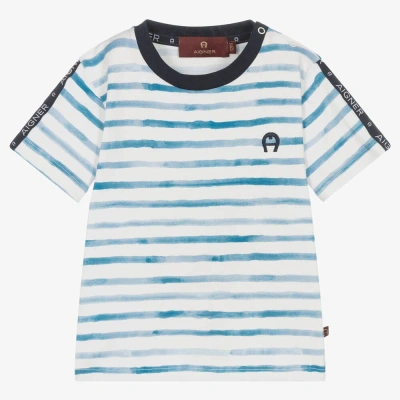 Aigner Babies'  Boys Blue Stripe Cotton Logo T-shirt