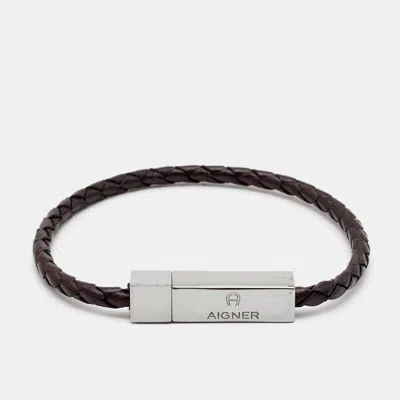 Pre-owned Aigner Braided Leather Silver Tone Bracelet