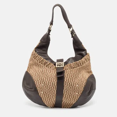 Aigner Brown/beige Monogram Canvas And Leather Logo Flap Hobo In White