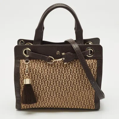 Aigner Brown/beige Signature Canvas And Leather Cavallina Tote