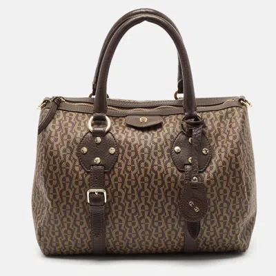 Aigner Brown/beige Signature Coated Canvas And Leather Boston Bag
