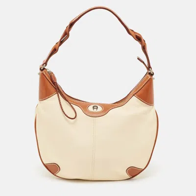 Pre-owned Aigner Brown/off White Leather Logo Hobo