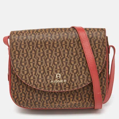 Pre-owned Aigner Brown/red Signature Coated Canvas And Leather Crossbody Bag