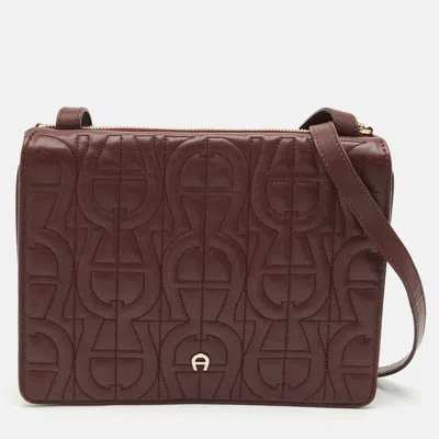 Pre-owned Aigner Burgundy Logo Embossed Leather Flap Crossbody Bag