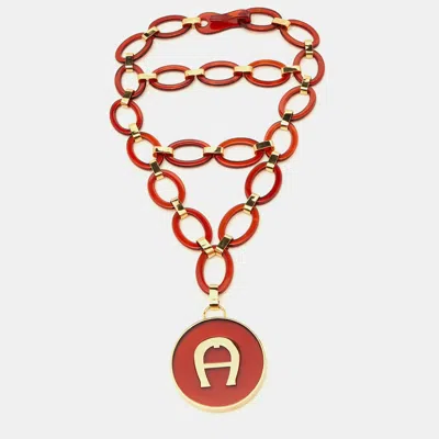Aigner Burgundy Resin & Gold Tone Link Layered Necklace In Red