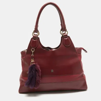 Aigner Burgundy/red Leather Charm Tote In Brown