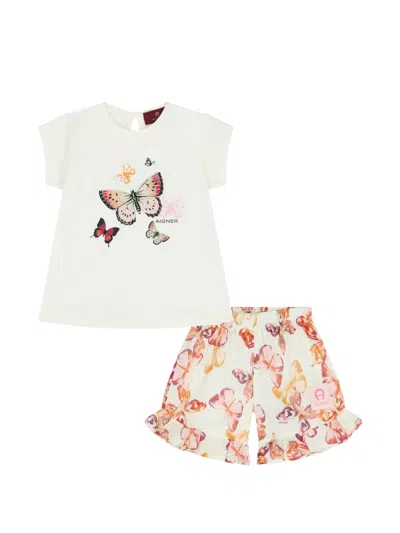 Aigner Babies' Butterfly-print Ruffled-hem Short Set In White