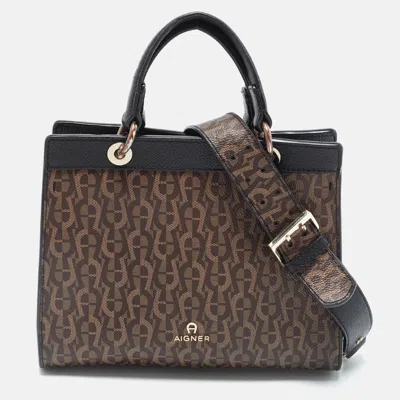 Pre-owned Aigner Carol Brown/black Signature Coated Canvas And Leather Top Handle Bag