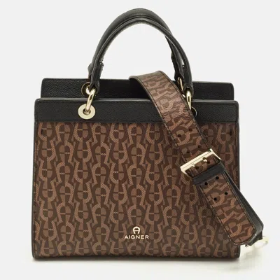 Pre-owned Aigner Carol Brown/black Signature Coated Canvas Top Handle Bag