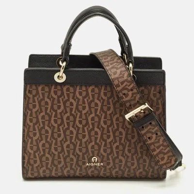 Aigner Carol Brown/black Signature Coated Canvas Top Handle Bag
