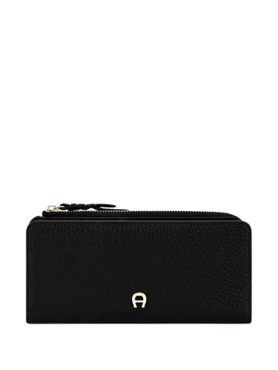 Aigner Carré Logo-plaque Pebbled-leather Wallet In Black