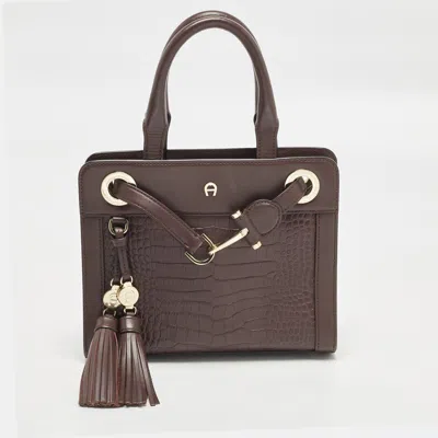Pre-owned Aigner Cavallina Burgundy Croc Embossed Leather Tote
