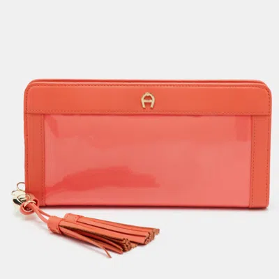 Aigner Cavallina Orange Leather And Patent Leather Tassel Zip Around Wallet