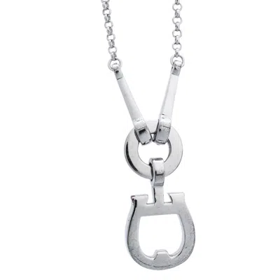 Aigner Crystal Embellished Logo Pendant Silver Tone Necklace In Blue