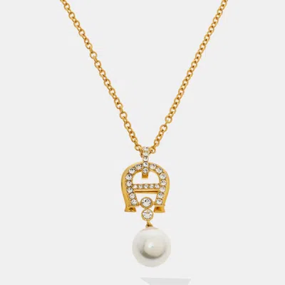 Pre-owned Aigner Crystal Faux Pearl Gold Tone Long Pendant Necklace