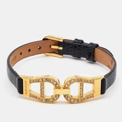 Pre-owned Aigner Crystal Gold Tone Black Lizard Embossed Leather Bracelet