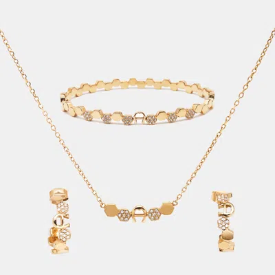 Pre-owned Aigner Crystal Logo Gold Tone Bracelet Earring And Necklace Set