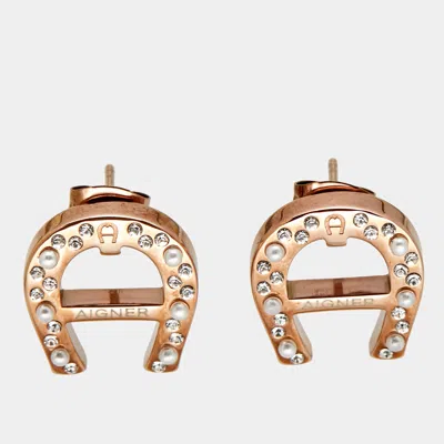 Aigner Crystals Faux Pearls Crystals Rose Gold Tone Earrings