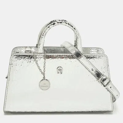 Aigner Cybill Stretch S Mini Silver Crackled Leather Satchel