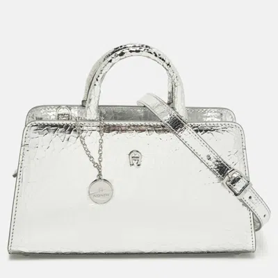 Aigner Cybill Stretch S Mini Silver Crackled Leather Satchel In Gray