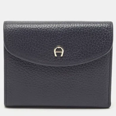 Pre-owned Aigner Dark Blue Leather Logo Trifold Wallet