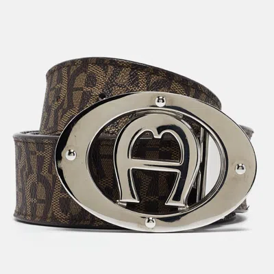 Pre-owned Aigner Dark Brown Monogram Coated Canvas And Leather Logo Belt