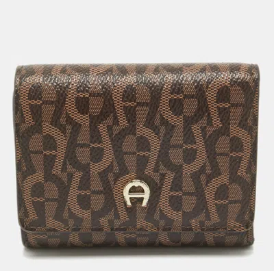 Pre-owned Aigner Dark Brown Monogram Coated Canvas Logo Trifold Wallet
