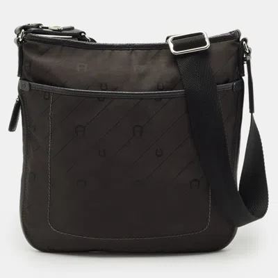 Pre-owned Aigner Dark Brown/black Monogram Leather And Nylon Messenger Bag