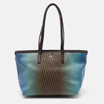 Aigner Dark Brown/blue Signature Coated Canvas And Leather Tote In Green