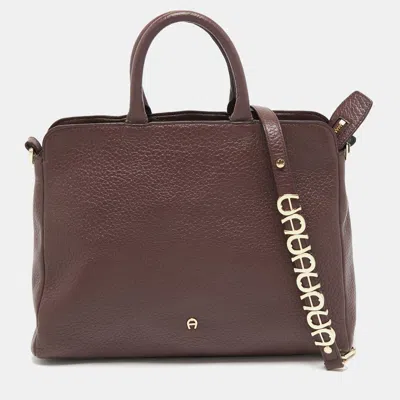 Aigner Dark Leather Embellished Satchel In Burgundy