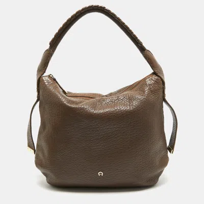 Aigner Dark Leather Logo Hobo In Brown