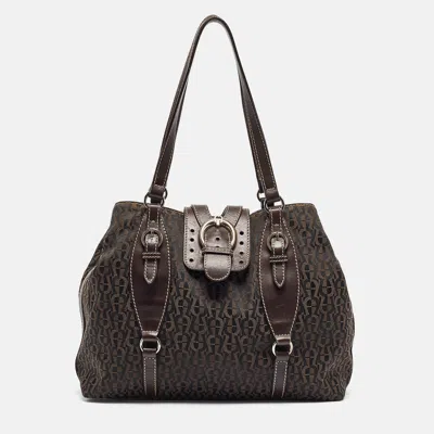 Aigner Dark Monogram Canvas And Leather Buckle Flap Tote In Brown