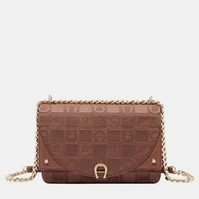 Pre-owned Aigner Demi Brown Shiny Light Gold Metal Griffata Crossbody Bag Demi Brown In Burgundy