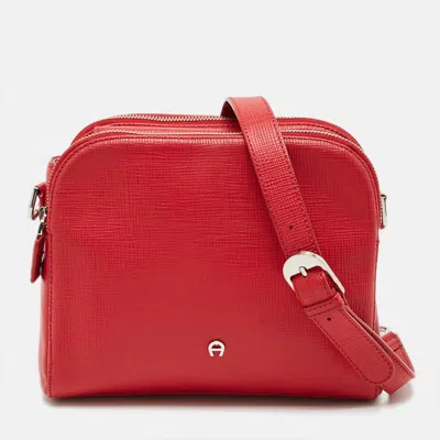 Aigner Double Zip Red Leather Shoulder Bag