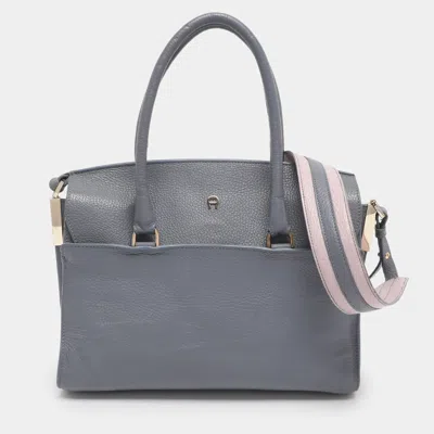 Aigner Dusty Blue Leather Satchel In Silver