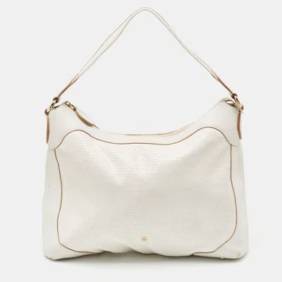 Aigner Embossed Leather Zip Hobo In White