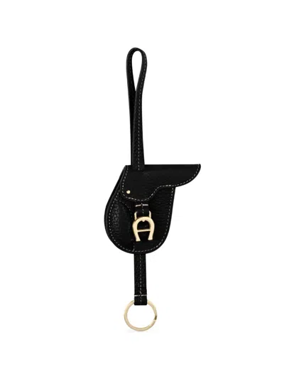 Aigner Fashion Saddle Leather Keychain In Black