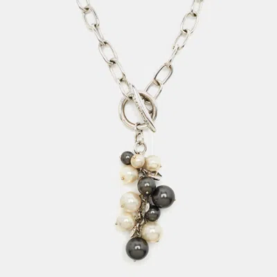 Pre-owned Aigner Faux Pearl Silver Tone Tasseled Necklace