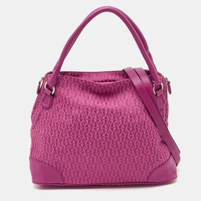Pre-owned Aigner Fuchsia Signature Canvas And Leather Zip Tote