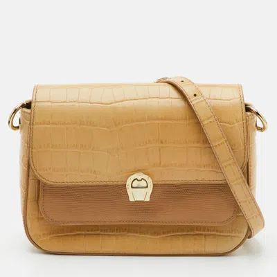 Pre-owned Aigner Genoveva Beige Croc Embossed Leather Shoulder Bag