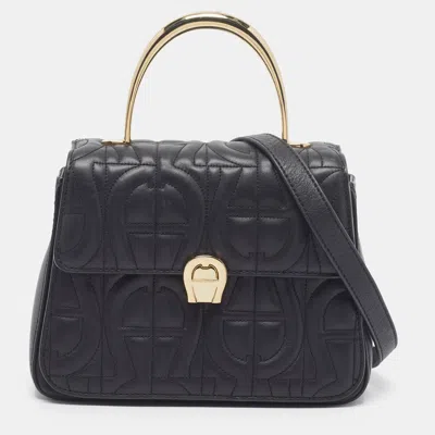 Pre-owned Aigner Genoveva Small Black Logo Embossed Leather Top Handle Bag