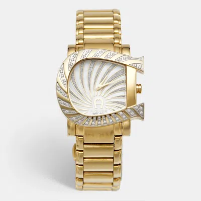 Pre-owned Aigner Genua Due A31600 Mother Of Pearl Diamond Gold Plated Stainless Steel Women's Wristwatch 34 Mm In Multi